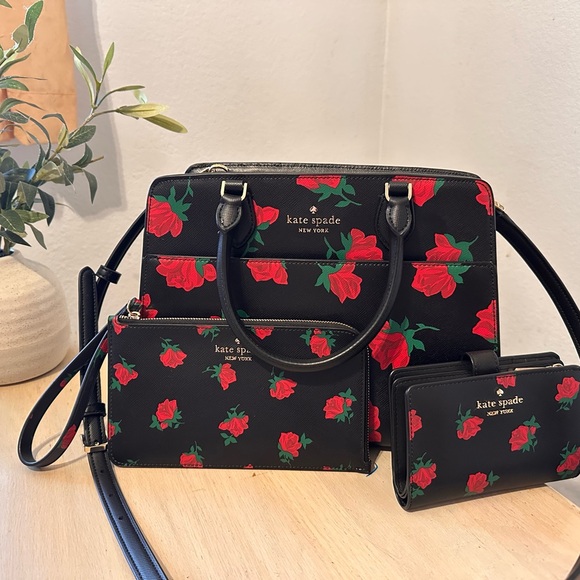 kate spade Handbags - Kate Spade Black and Red Rose Satchel Set